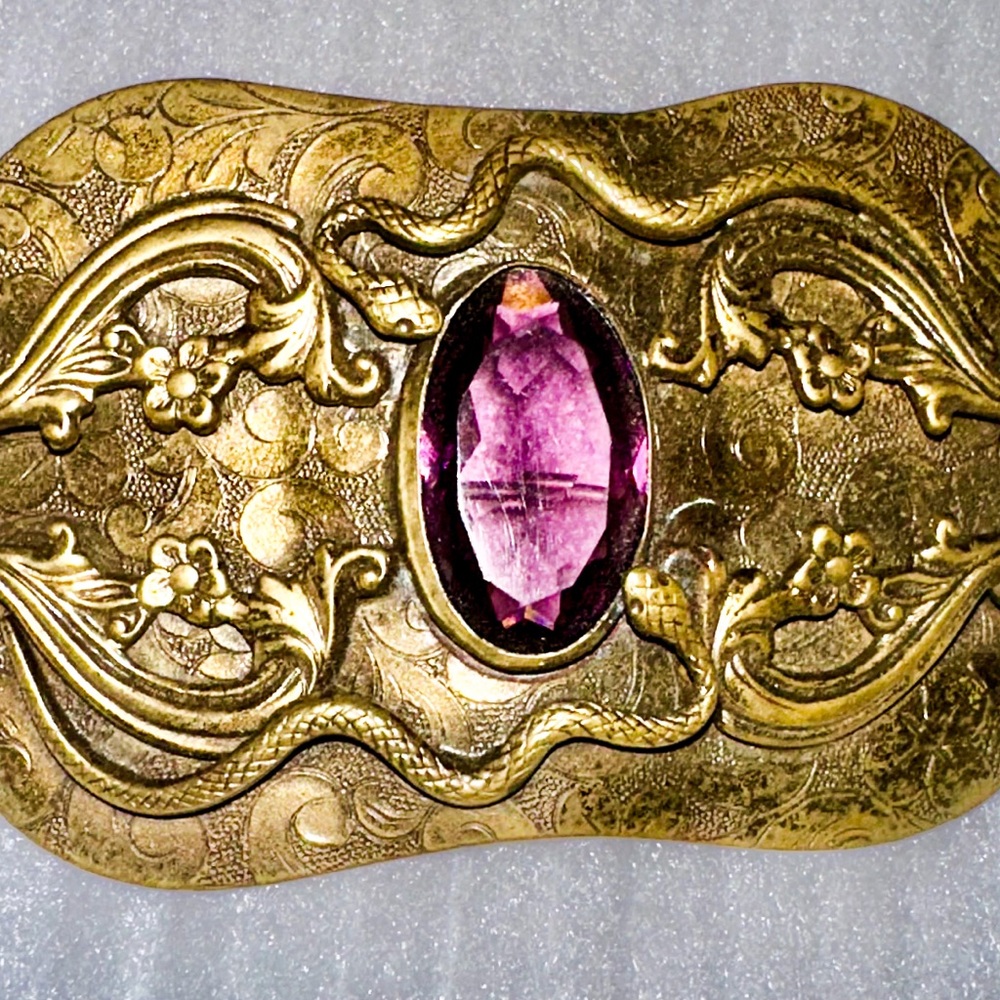 Art Nouveau/Victorian/Edwardian Sash Pin with Snakes & Amethyst Crystal Stone